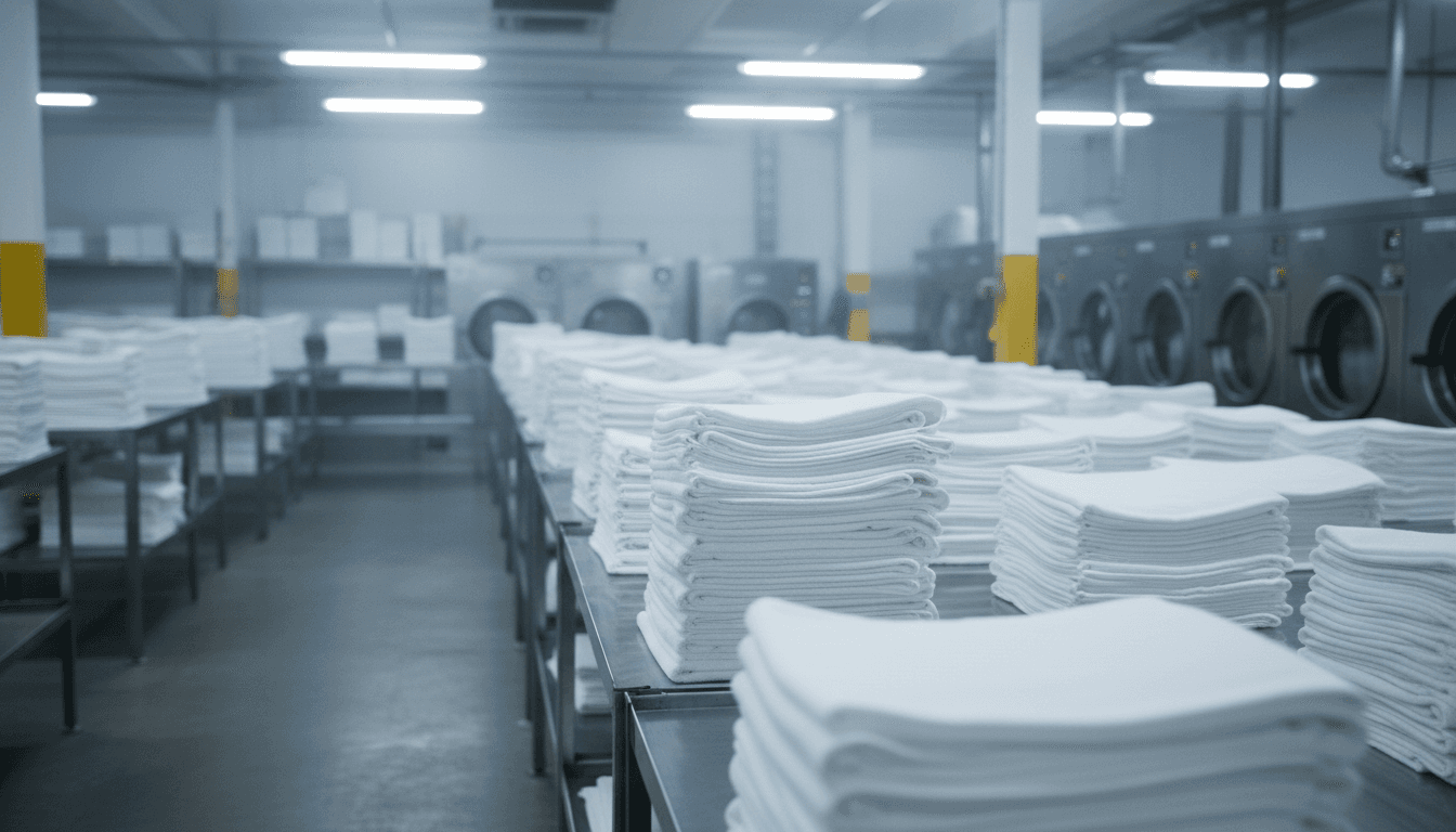 Neatly stacked folded white linens in a commercial laundry facility