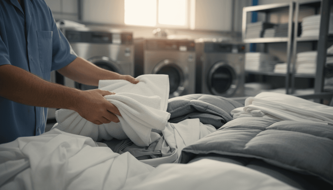 Hands sorting white hotel linens in a commercial laundry facility