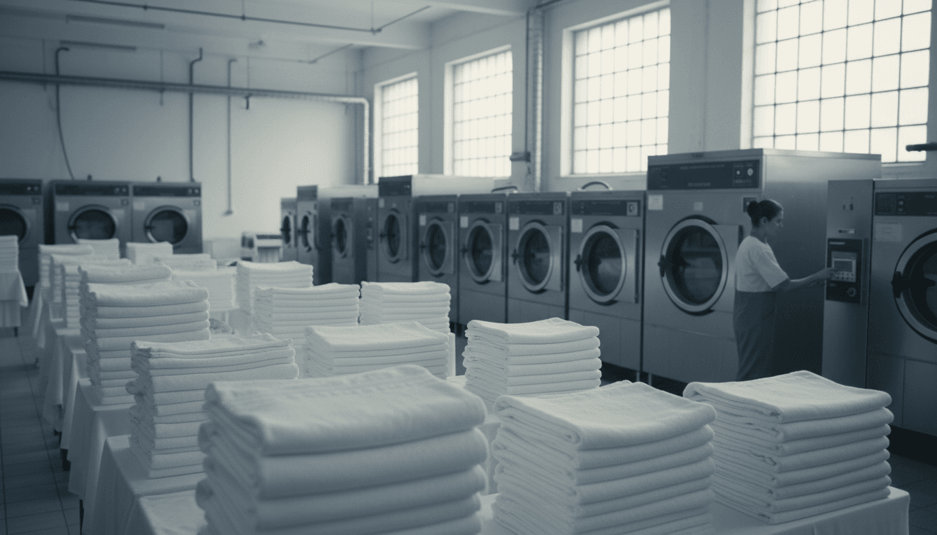 Commercial laundry facility with large washing machines and stacked clean linens