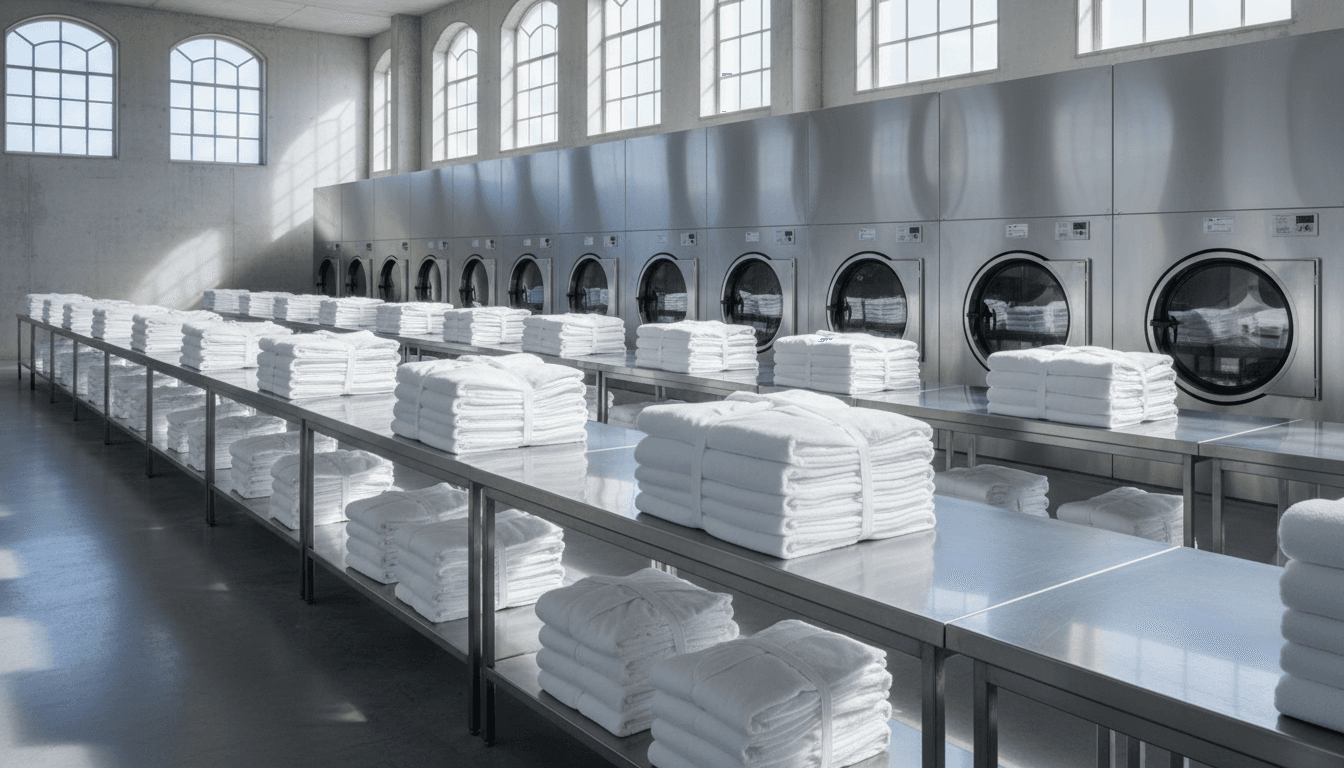 Neatly folded white linens on stainless steel tables in a clean commercial laundry facility
