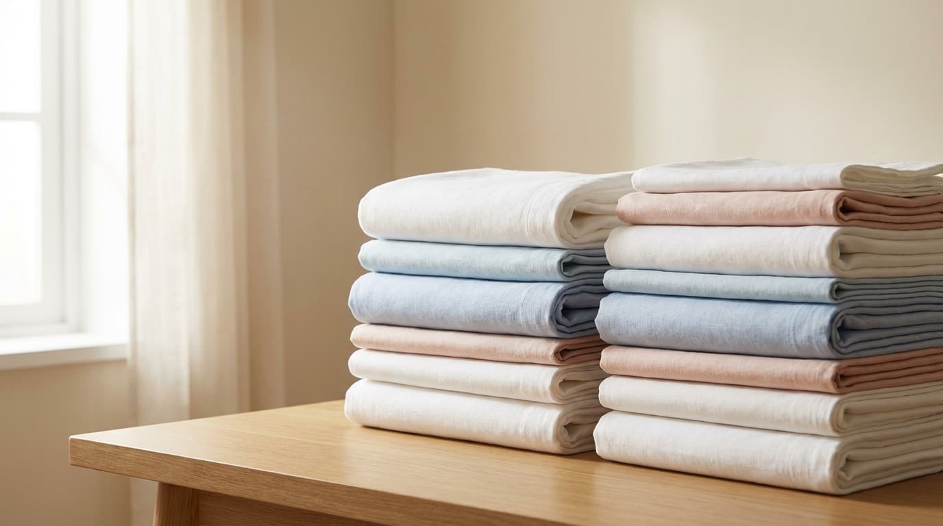 Neatly stacked white linens on a commercial shelf
