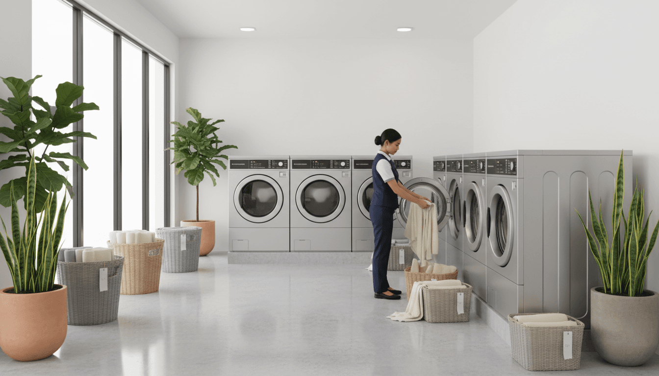 Interior of a commercial laundry facility with industrial washing machines