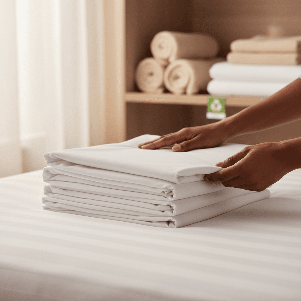 Neatly folded white hotel linens stacked on a metal cart in a clean linen room