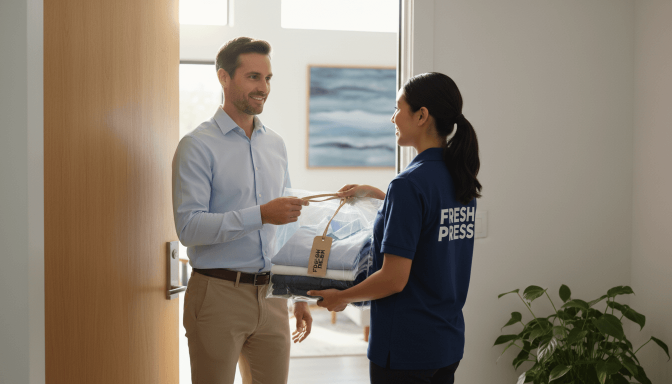 Delivery person handing sealed laundry bag to hotel employee at service entrance