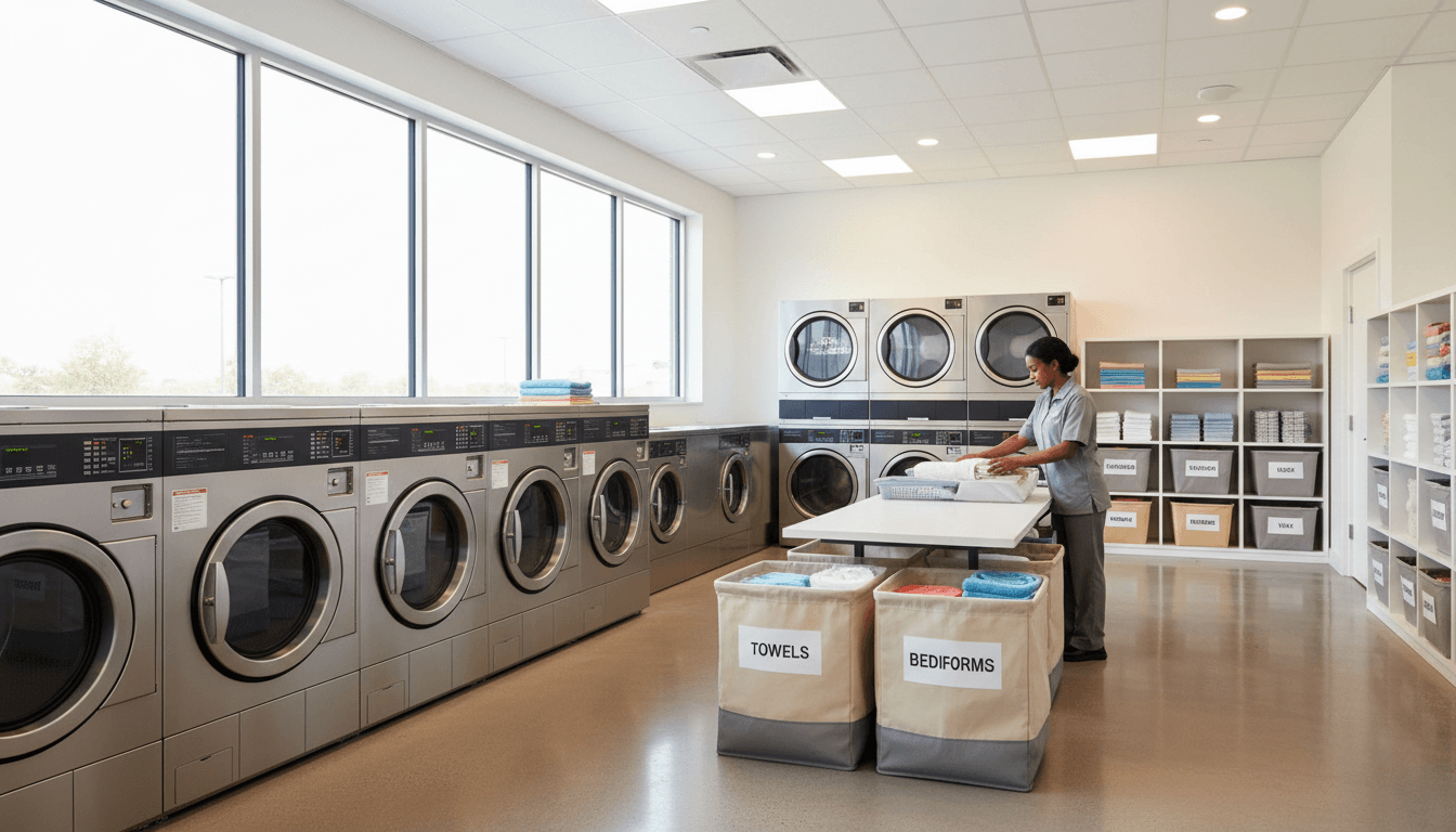 Large commercial laundry facility with machines and stacked linens