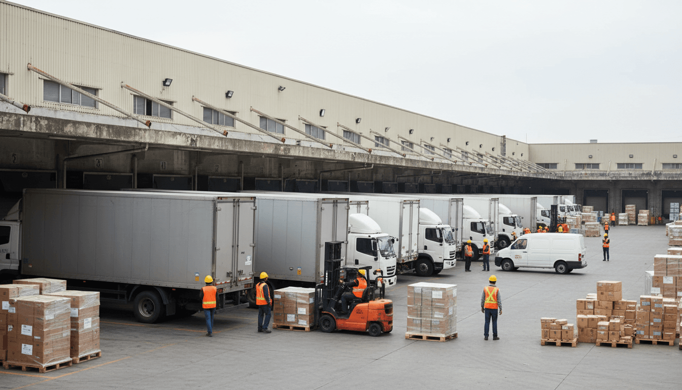 Driver loading commercial laundry into delivery van outside a facility